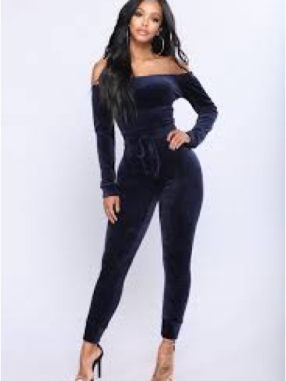 Fashion Nova Navy Off-the-Shoulder Long-Sleeve Jumpsuit with Waist Tie
